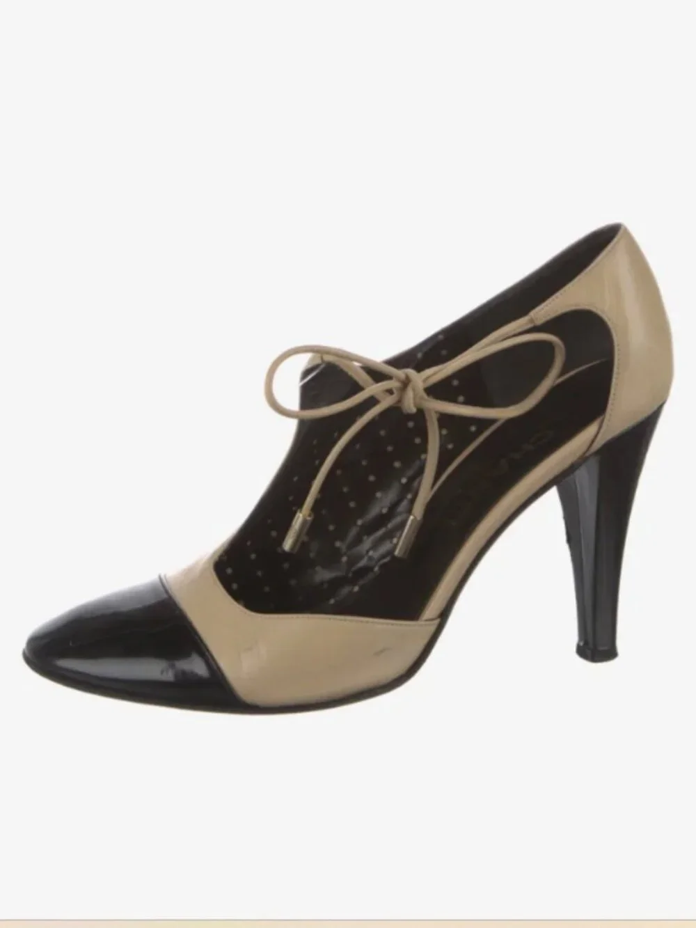Chanel CC Two Tone Cutout Bootie Pumps Heels Beige Black Size 39 US 9